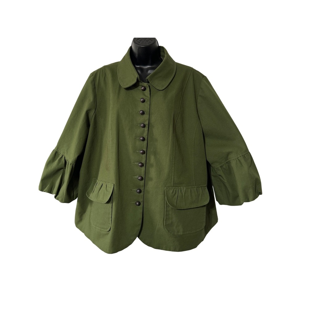 Trenz Woman Theresa Benz Olive Green Ruffle Sleeve Button Front‎ Jacket 22W